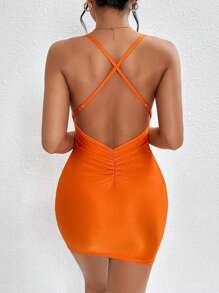 SHEIN PETITE Crisscross Backless Xù Váy Cami Bodycon - trái cam - Xem 2