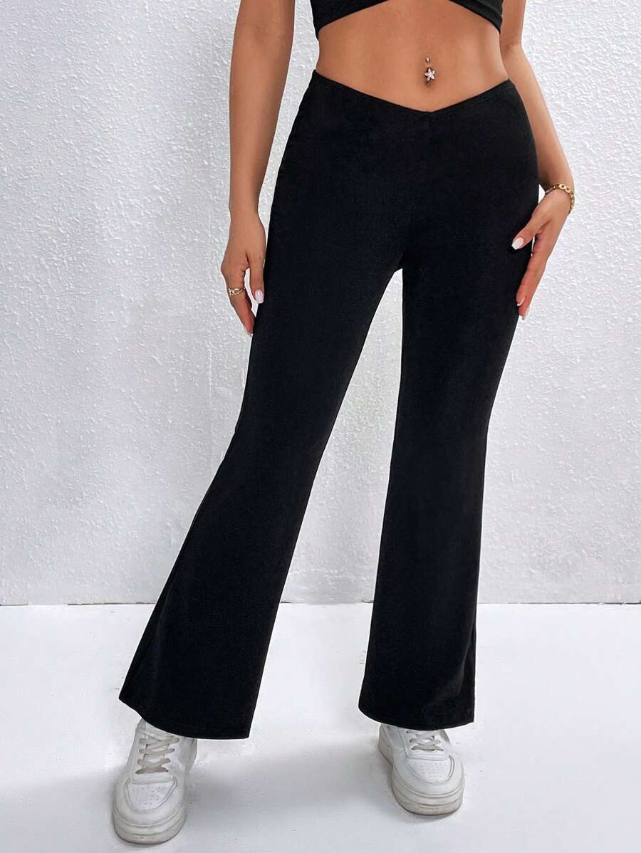 SHEIN PETITE Solid Flare Leg Trousers - Black - View 1