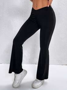 SHEIN PETITE Solid Flare Leg Trousers - Black - View 3