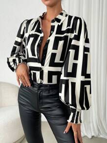 EMERY ROSE In Địa lý Shirred Cuff Tay áo lồng đèn Áo sơ mi - màu đen - Xem 1