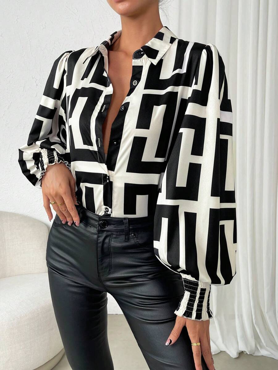 EMERY ROSE In Địa lý Shirred Cuff Tay áo lồng đèn Áo sơ mi - màu đen - Xem 1