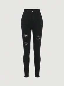 SHEIN Girlism Teen Girl Ripped Fray Hem Denim Jeans, Casual Wear For Spring And Autumn - Black - View 1