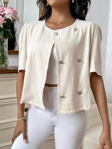 SHEIN Privé Button Front Puff Sleeve Open Front Jacket - Beige - View 3