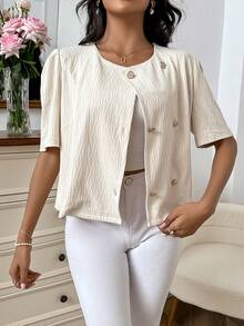 SHEIN Privé Button Front Puff Sleeve Open Front Jacket - Beige - View 4