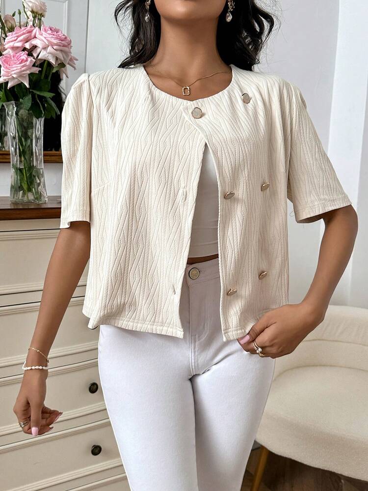 SHEIN Privé 前紐扣泡泡袖開門襟夾克 - 米色 - 查看 4