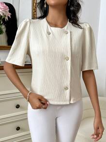 SHEIN Privé Button Front Puff Sleeve Open Front Jacket - Beige - View 1