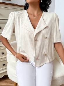 SHEIN Privé Button Front Puff Sleeve Open Front Jacket - Beige - View 6