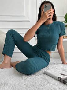 EURMUSE Camiseta y pantalones de punto acanalado liso