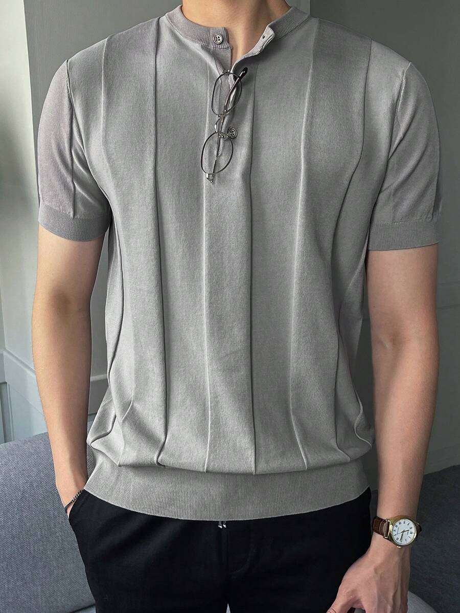 DAZY Men Seam Detail Half Button Knit Top - Light Grey - View 1