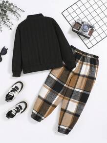 SHEIN Bộ 2 món/Bộ áo len dệt kim cổ cao tay dài thường ngày cho bé trai mới biết đi + quần cạp chun kẻ caro, chất liệu nỉ dày dặn - Nhiều màu - Xem 2