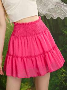 GENKIRA Swiss Dot Frill Trim Ruffle Hem Skirt - Hot Pink - View 1