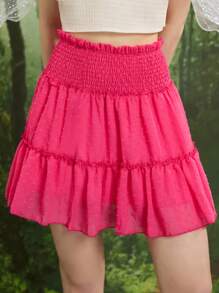 GENKIRA Swiss Dot Frill Trim Ruffle Hem Skirt - Hot Pink - View 3