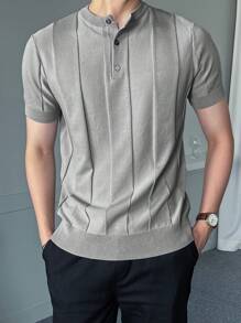 DAZY Men Seam Detail Half Button Knit Top - Light Grey - View 5