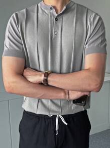 DAZY Men Seam Detail Half Button Knit Top - Light Grey - View 6