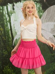 GENKIRA Swiss Dot Frill Trim Ruffle Hem Skirt - Hot Pink - View 5