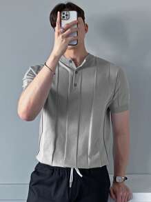 DAZY Men Seam Detail Half Button Knit Top - Light Grey - View 7