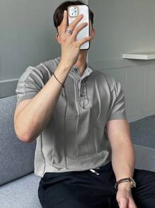 DAZY Men Seam Detail Half Button Knit Top - Light Grey - View 8