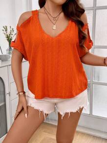 SHEIN Clasi 大碼挖肩鏤空蝙蝠袖T恤 - 橘色 - 查看 4