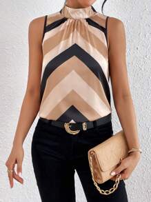 SHEIN Privé 撞色後綁帶襯衫 - 卡其色 - 查看 5