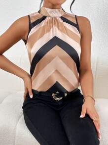 SHEIN Privé 撞色後綁帶襯衫 - 卡其色 - 查看 6