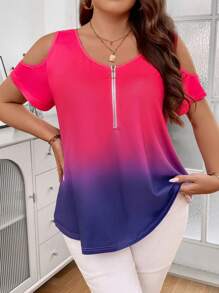 SHEIN Holidaya Plus Ombre Cold Shoulder Half Zip Tee - Multicolor - View 5