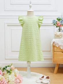 SHEIN Young Girl Ruffle Trim Butterfly Sleeve Dress - Lime Green - View 1