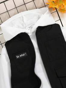 SHEIN 男童休閒寬鬆泰迪熊背心外套字母拼縫翻蓋內襯運動褲（運動套裝除外）適合秋冬 - 黑色 - 查看 3