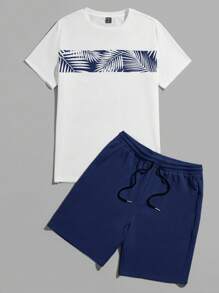 Manfinity BRENVOR 男士热带印花T恤和抽绳短裤夏季套装，舒适情侣装