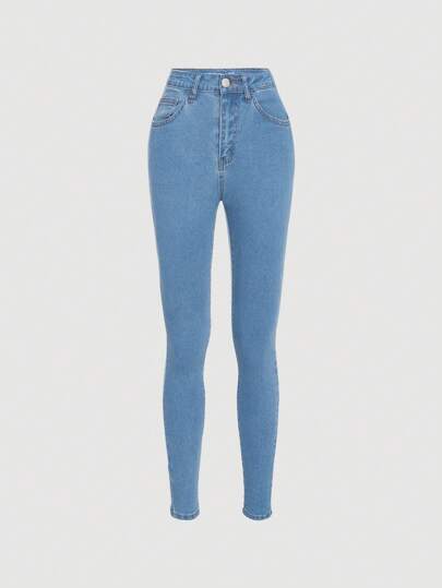 SHEIN Girlism Pantalones vaqueros pitillo de unicolor para adolescentes, apropiados para el uso diario casual en verano