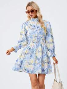 SHEIN Privé In hoa tay áo lá sen Đầm - Nhiều màu - Xem 3