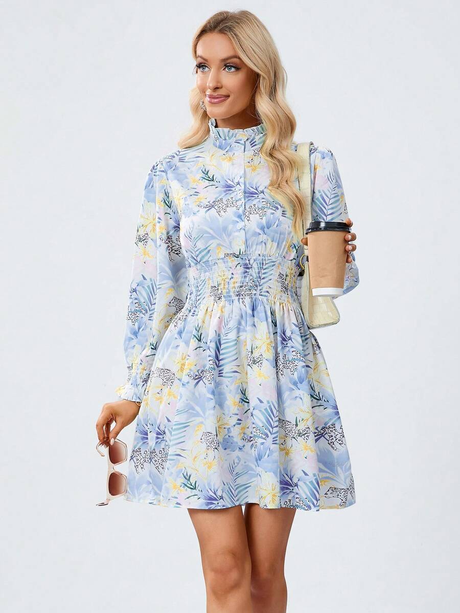 SHEIN Privé In hoa tay áo lá sen Đầm - Nhiều màu - Xem 1