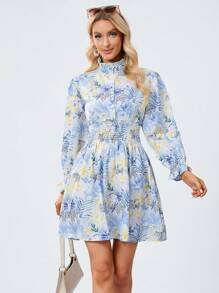 SHEIN Privé In hoa tay áo lá sen Đầm - Nhiều màu - Xem 5