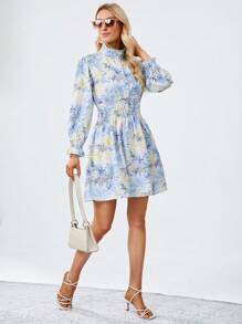SHEIN Privé In hoa tay áo lá sen Đầm - Nhiều màu - Xem 6