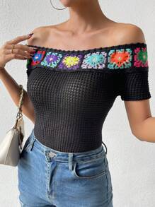 SHEIN Unity 花卉刺繡一字肩T恤 - 黑色 - 查看 5