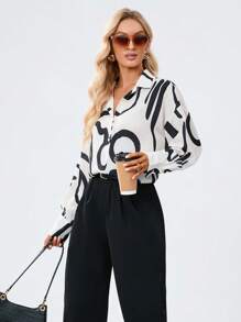 SHEIN BIZwear 圖案印花前紐扣襯衫工作服 - 彩色 - 查看 5