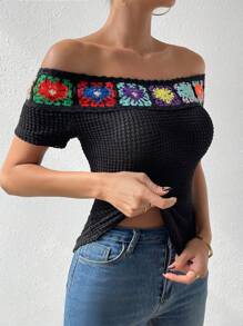 SHEIN Unity 花卉刺繡一字肩T恤 - 黑色 - 查看 6