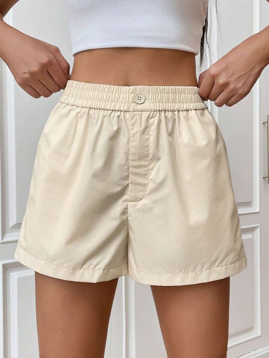 SHEIN EZwear Solid Elastic Waist Shorts - Apricot - View 1