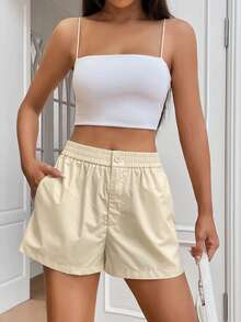SHEIN EZwear Solid Elastic Waist Shorts - Apricot - View 3