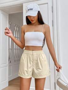 SHEIN EZwear Solid Elastic Waist Shorts - Apricot - View 4
