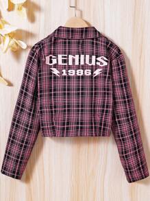 SHEIN Áo Jacket Con gái Nút phía trước Lá thư Sọc ca rô Giải trí - Màu Hồng Tươi - Xem 1