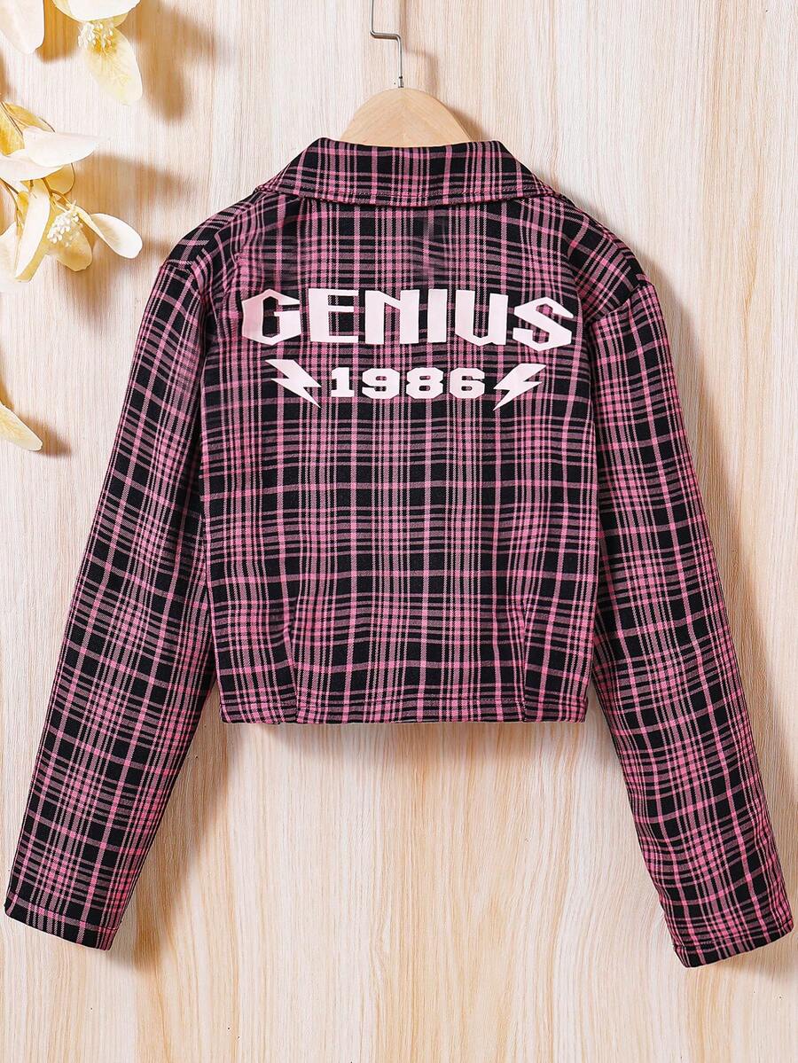 SHEIN Áo Jacket Con gái Nút phía trước Lá thư Sọc ca rô Giải trí - Màu Hồng Tươi - Xem 1