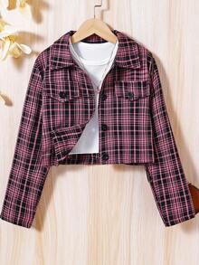 SHEIN Áo Jacket Con gái Nút phía trước Lá thư Sọc ca rô Giải trí - Màu Hồng Tươi - Xem 2
