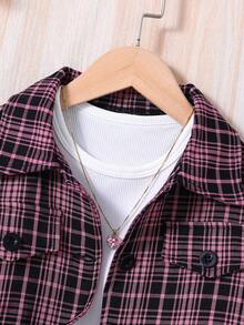 SHEIN Áo Jacket Con gái Nút phía trước Lá thư Sọc ca rô Giải trí - Màu Hồng Tươi - Xem 3