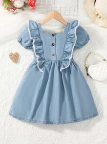 Young Girl Ruffle Trim Puff Sleeve Denim Dress - Light Wash - View 1