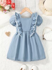Young Girl Ruffle Trim Puff Sleeve Denim Dress - Light Wash - View 2