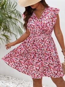 SHEIN Frenchy 大碼碎花荷葉邊洋裝 - 玫紅色 - 查看 4