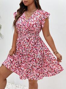 SHEIN Frenchy 大碼碎花荷葉邊洋裝 - 玫紅色 - 查看 7