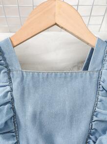 Young Girl Ruffle Trim Puff Sleeve Denim Dress - Light Wash - View 7