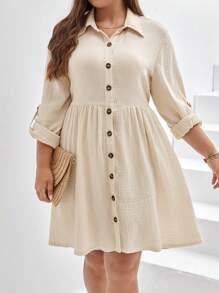 SHEIN Frenchy 大碼捲邊袖前紐扣襯衫連衣裙 - 杏色 - 查看 1