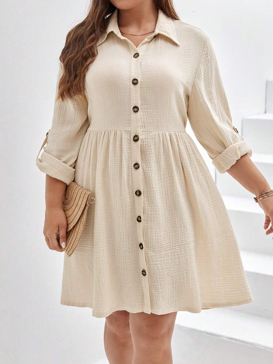 SHEIN Frenchy 大碼捲邊袖前紐扣襯衫連衣裙 - 杏色 - 查看 1